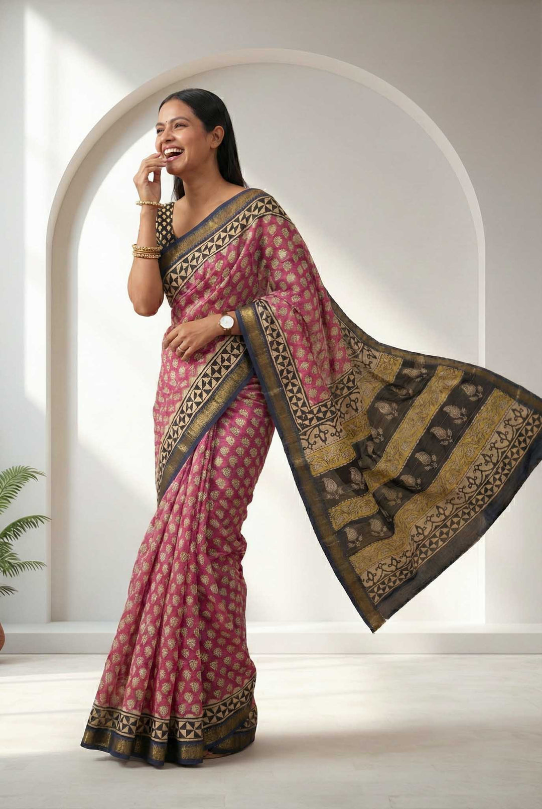 Sarika - Hand Block Print Silk Cotton Maheshwari Saree