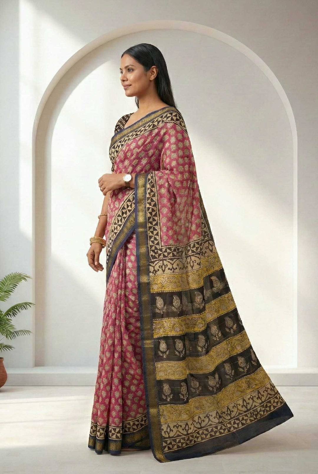 Sarika - Hand Block Print Silk Cotton Maheshwari Saree