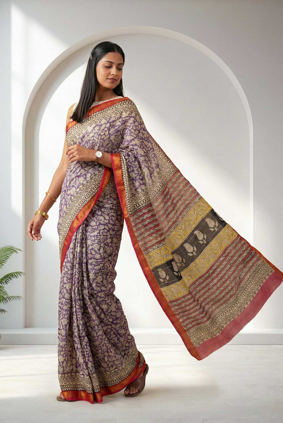 Nitya - Hand Block Print Silk Cotton Maheshwari Saree