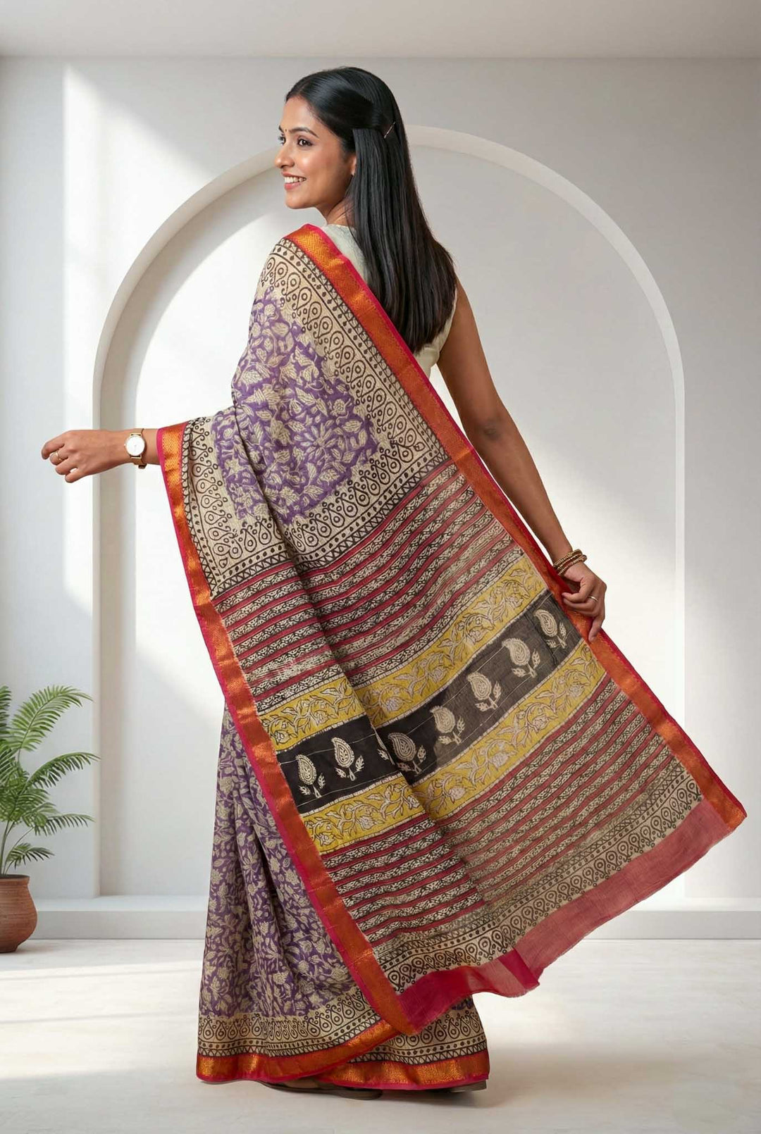 Nitya - Hand Block Print Silk Cotton Maheshwari Saree