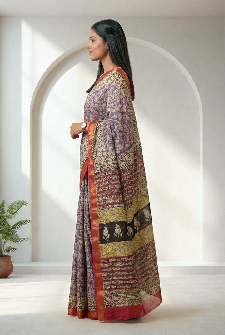 Nitya - Hand Block Print Silk Cotton Maheshwari Saree