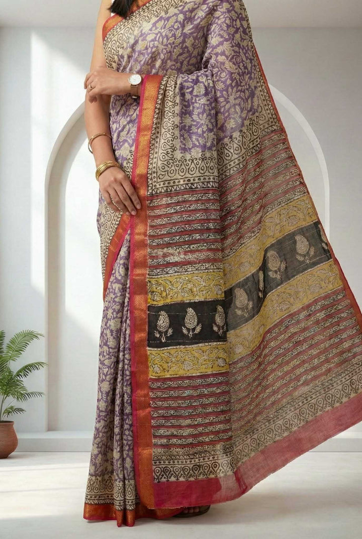 Nitya - Hand Block Print Silk Cotton Maheshwari Saree