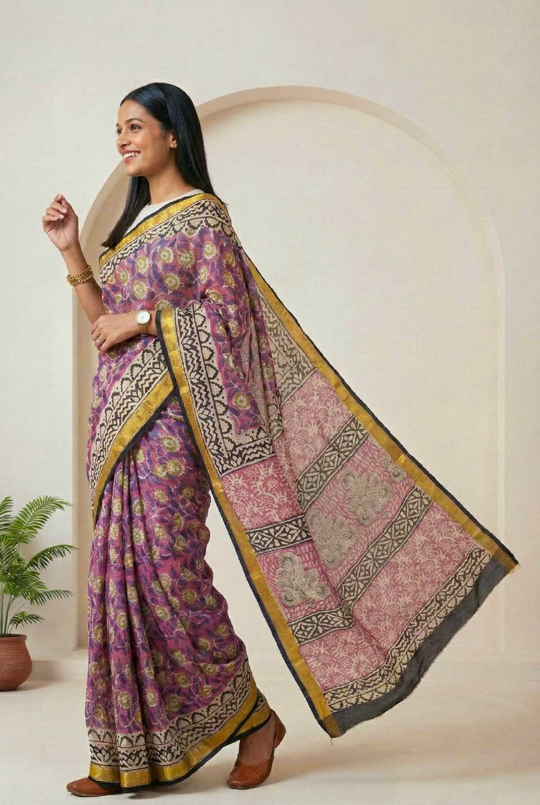 Lavanya - Hand Block Print Silk Cotton Maheshwari Saree