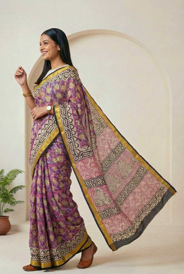 Lavanya - Hand Block Print Silk Cotton Maheshwari Saree