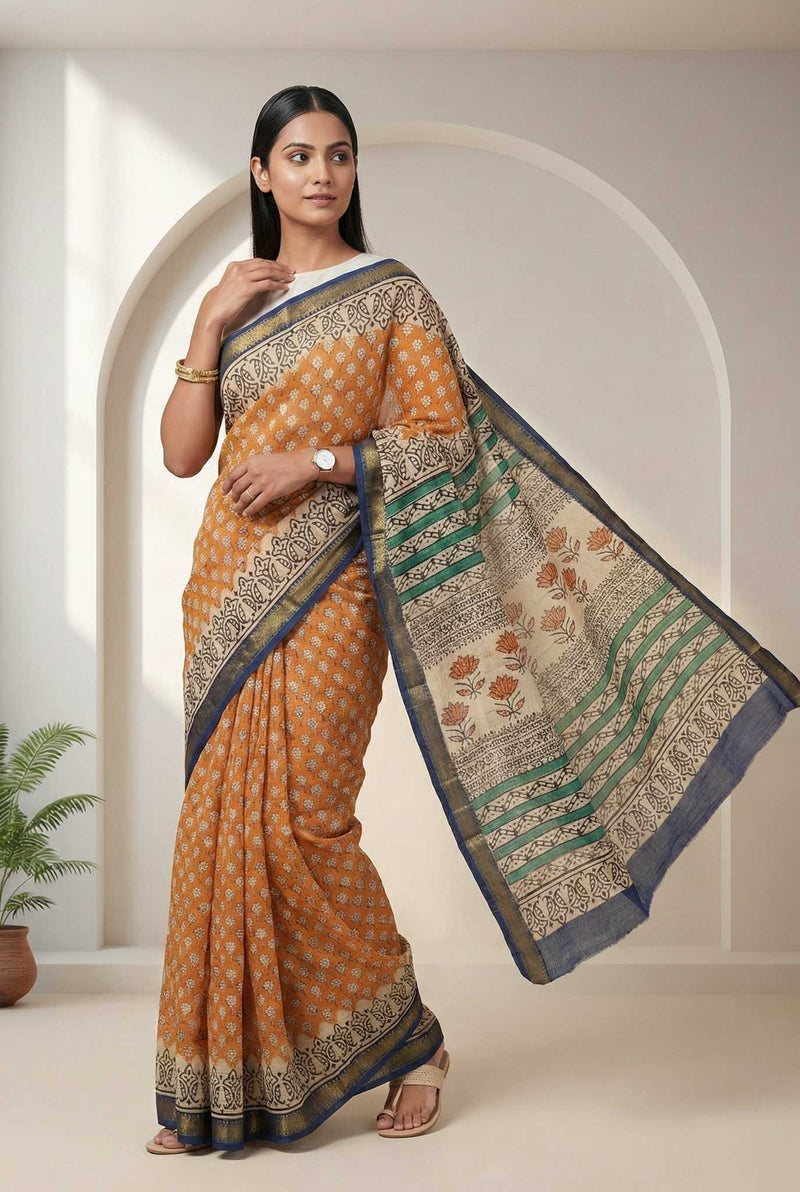 Surmayi - Hand Block Print Silk Cotton Maheshwari Saree