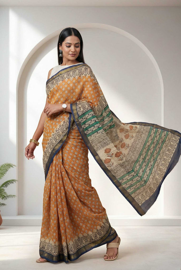 Surmayi - Hand Block Print Silk Cotton Maheshwari Saree