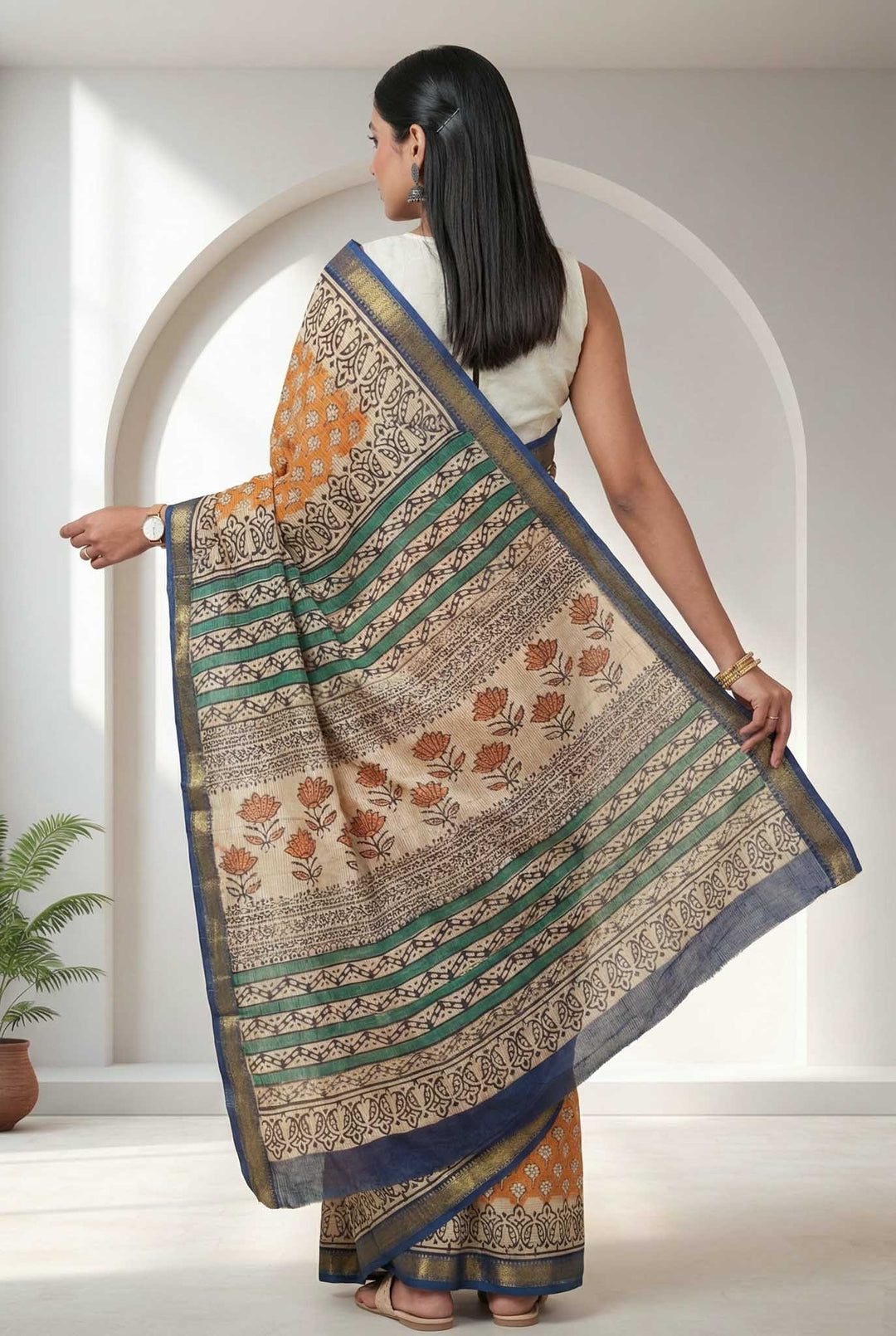 Surmayi - Hand Block Print Silk Cotton Maheshwari Saree