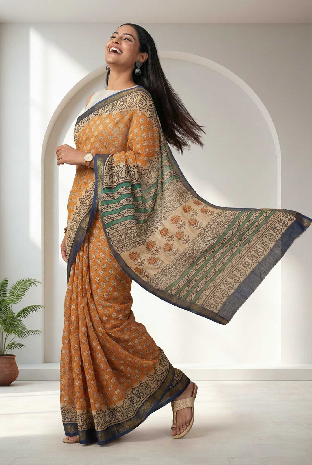 Surmayi - Hand Block Print Silk Cotton Maheshwari Saree