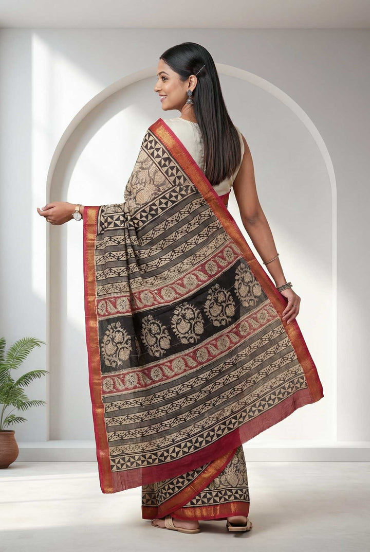 Shaila - Hand Block Print Silk Cotton Maheshwari Saree