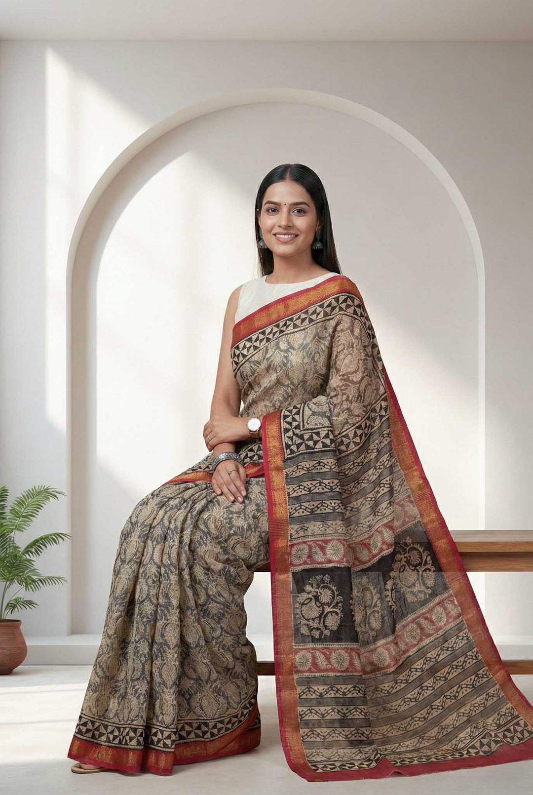 Shaila - Hand Block Print Silk Cotton Maheshwari Saree