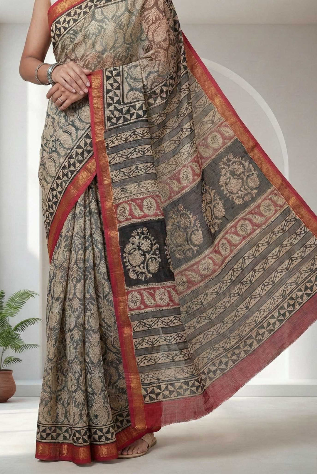 Shaila - Hand Block Print Silk Cotton Maheshwari Saree