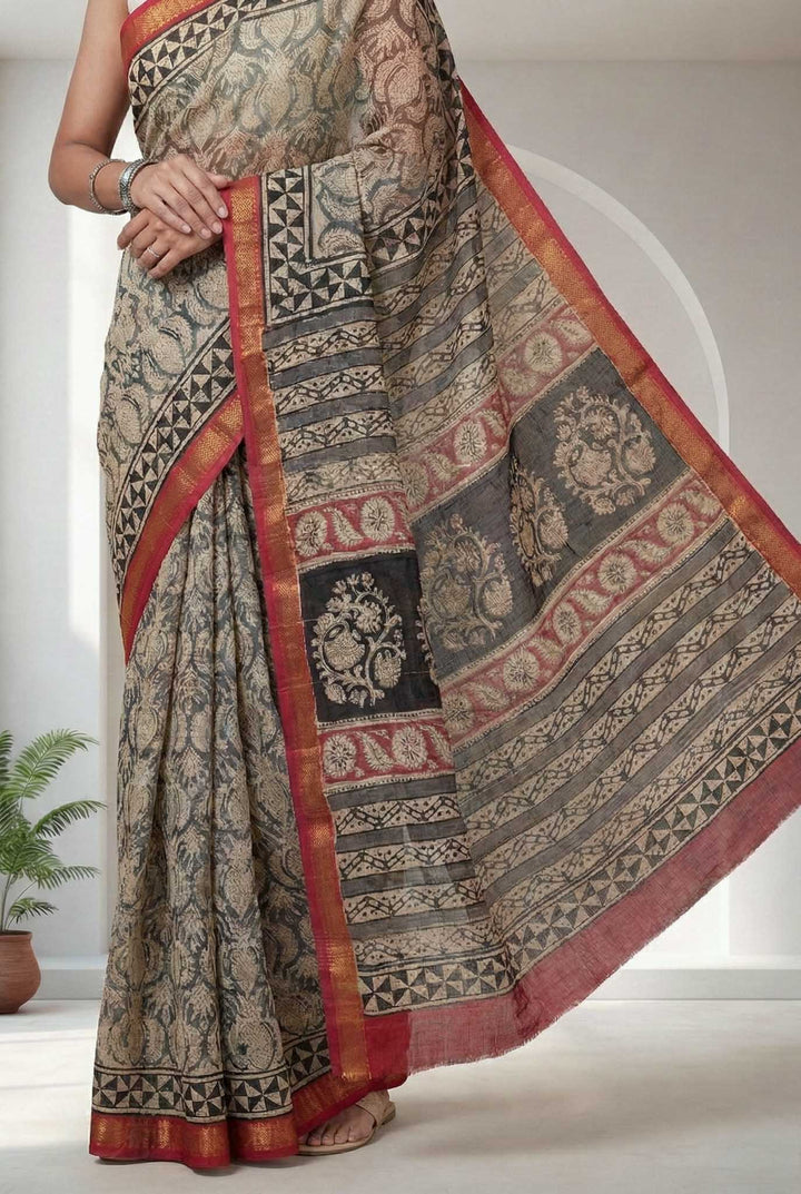 Shaila - Hand Block Print Silk Cotton Maheshwari Saree