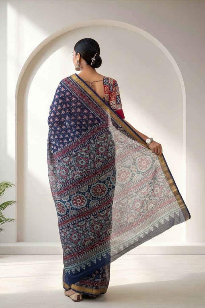 Sumedha - Hand Block Print Silk Cotton Maheshwari Saree