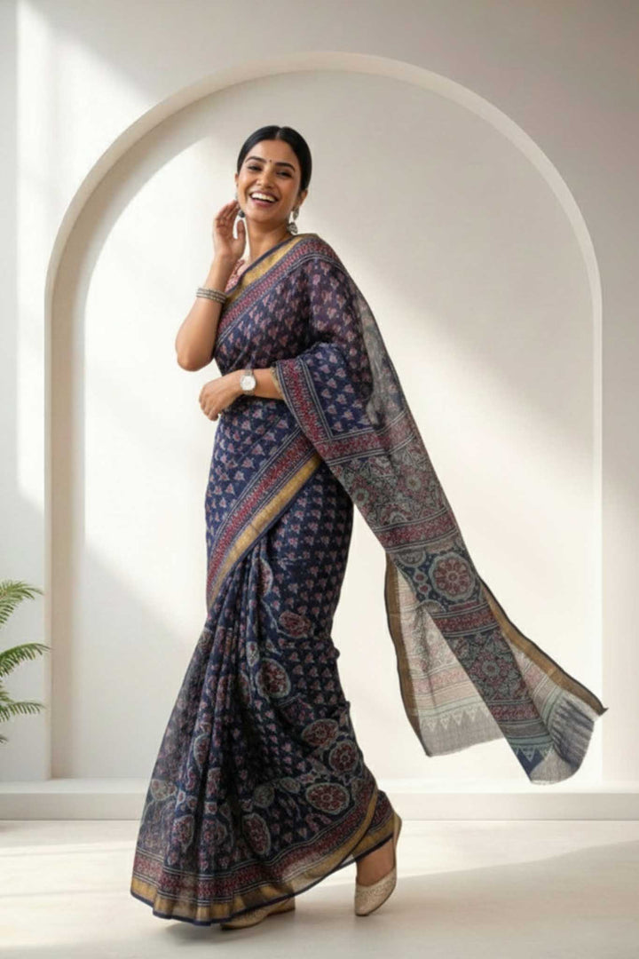 Sumedha - Hand Block Print Silk Cotton Maheshwari Saree