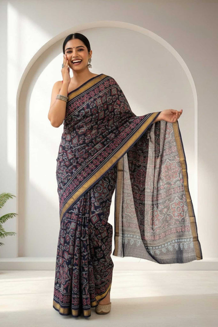 Noorja - Hand Block Print Silk Cotton Maheshwari Saree