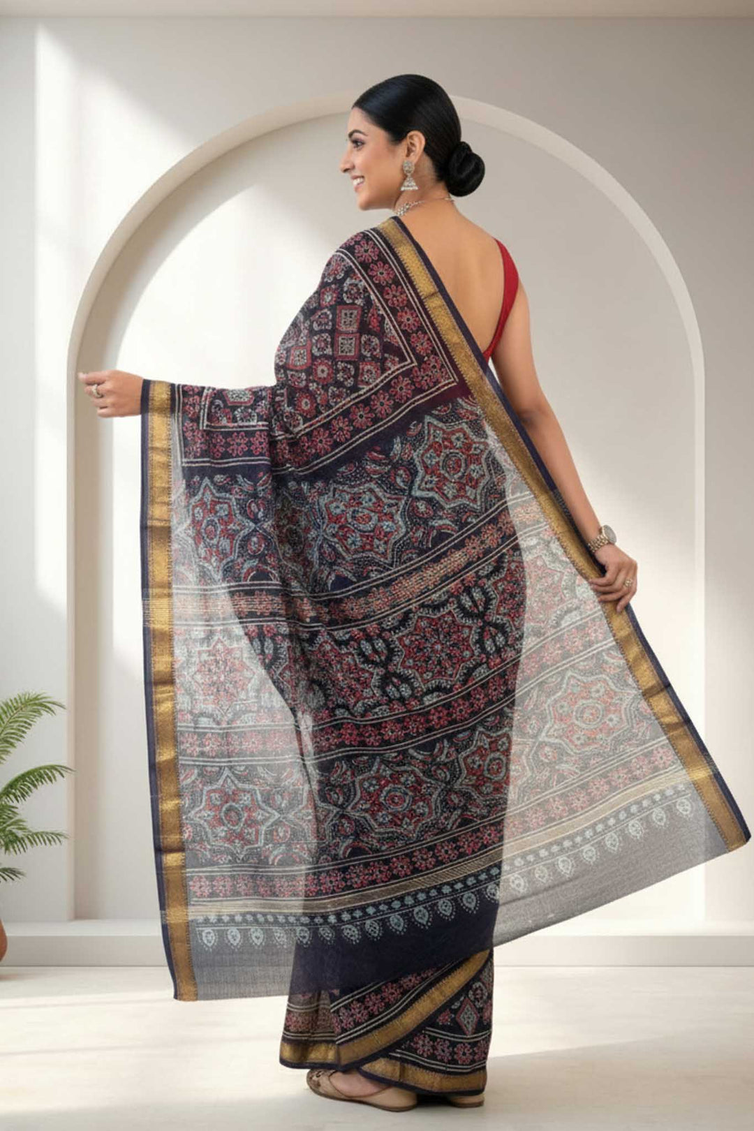 Noorja - Hand Block Print Silk Cotton Maheshwari Saree
