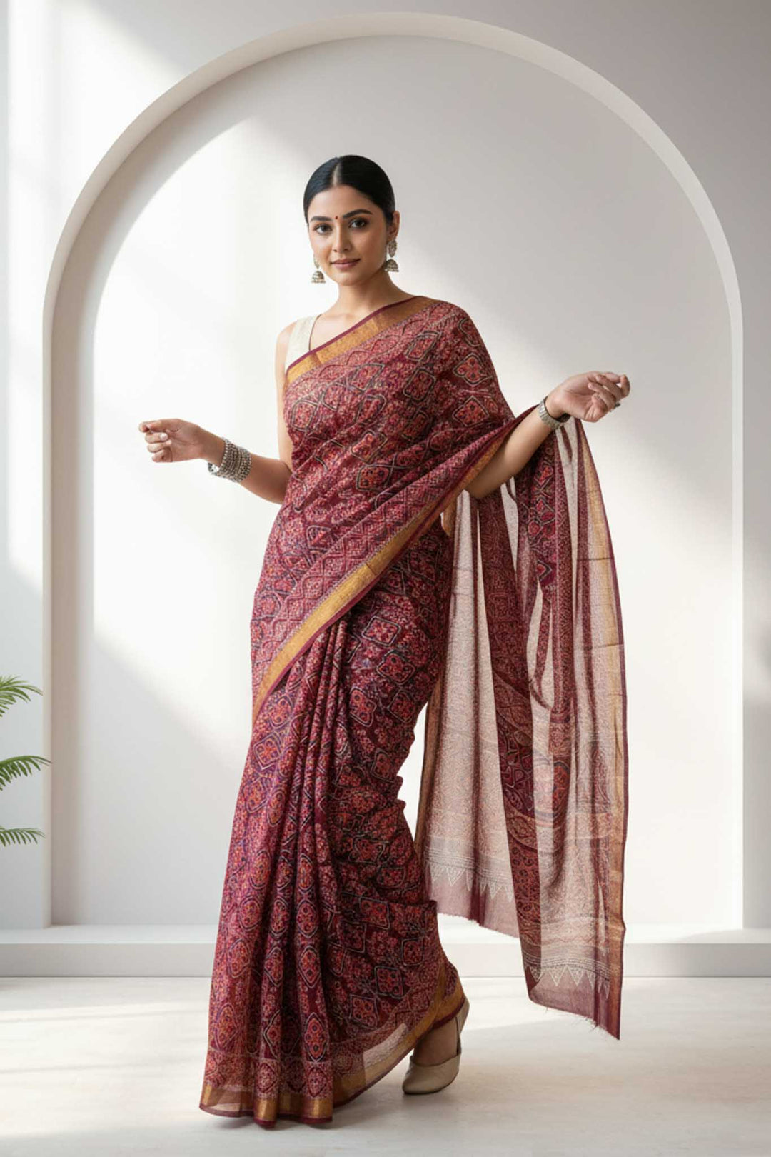 Nirjhari - Hand Block Print Silk Cotton Maheshwari Saree