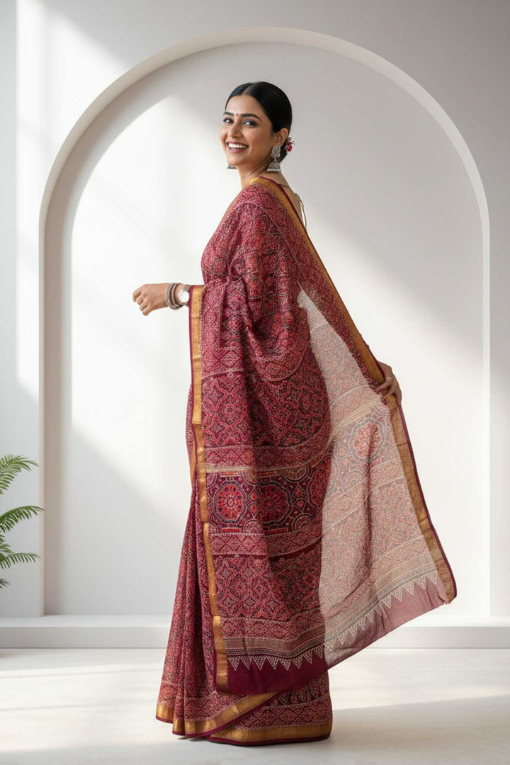 Nirjhari - Hand Block Print Silk Cotton Maheshwari Saree