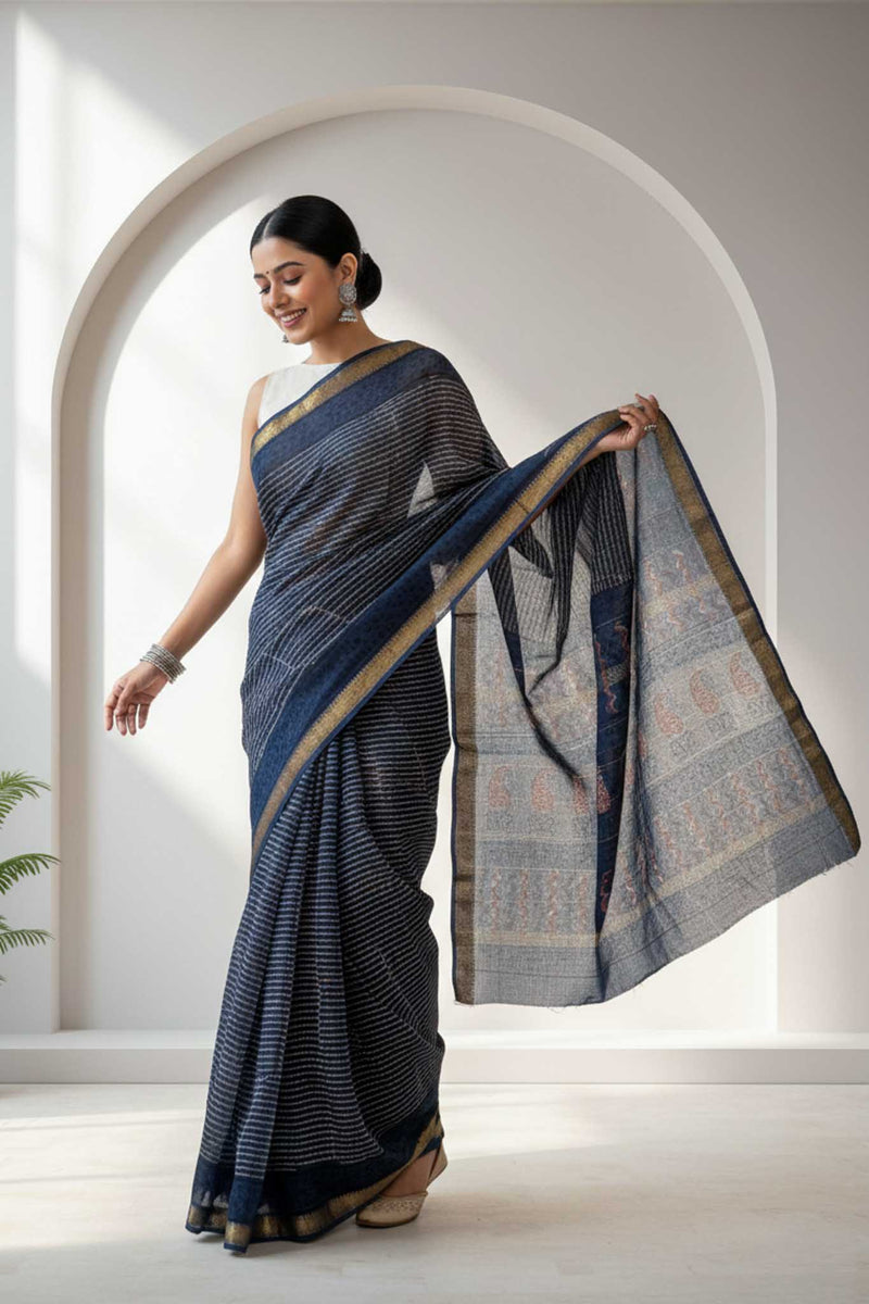 Neel Tara - Hand Block Print Silk Cotton Maheshwari Saree