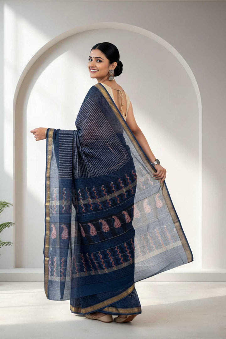 Neel Tara - Hand Block Print Silk Cotton Maheshwari Saree