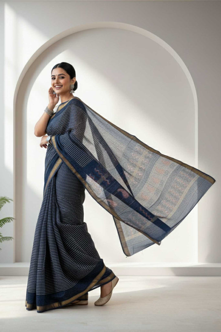 Neel Tara - Hand Block Print Silk Cotton Maheshwari Saree