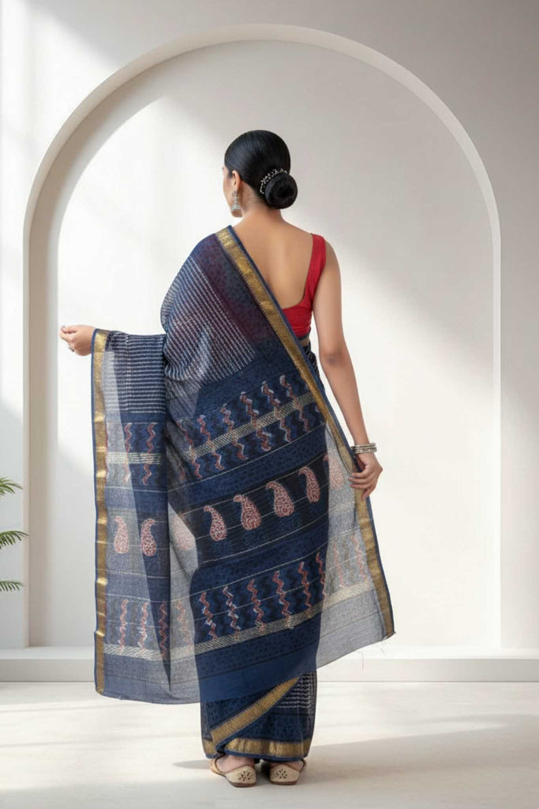 Neel Tara - Hand Block Print Silk Cotton Maheshwari Saree