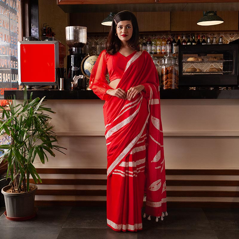 Mallika Hand Block Print Red Mul Mul Cotton Saree