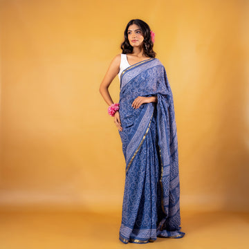 Meghali Block Printed Saree with Zari border