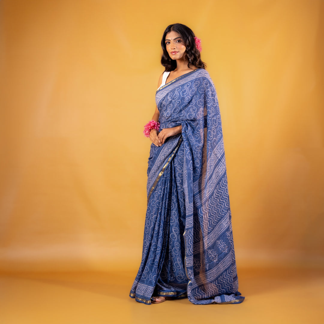 Meghali Block Printed Saree with Zari border