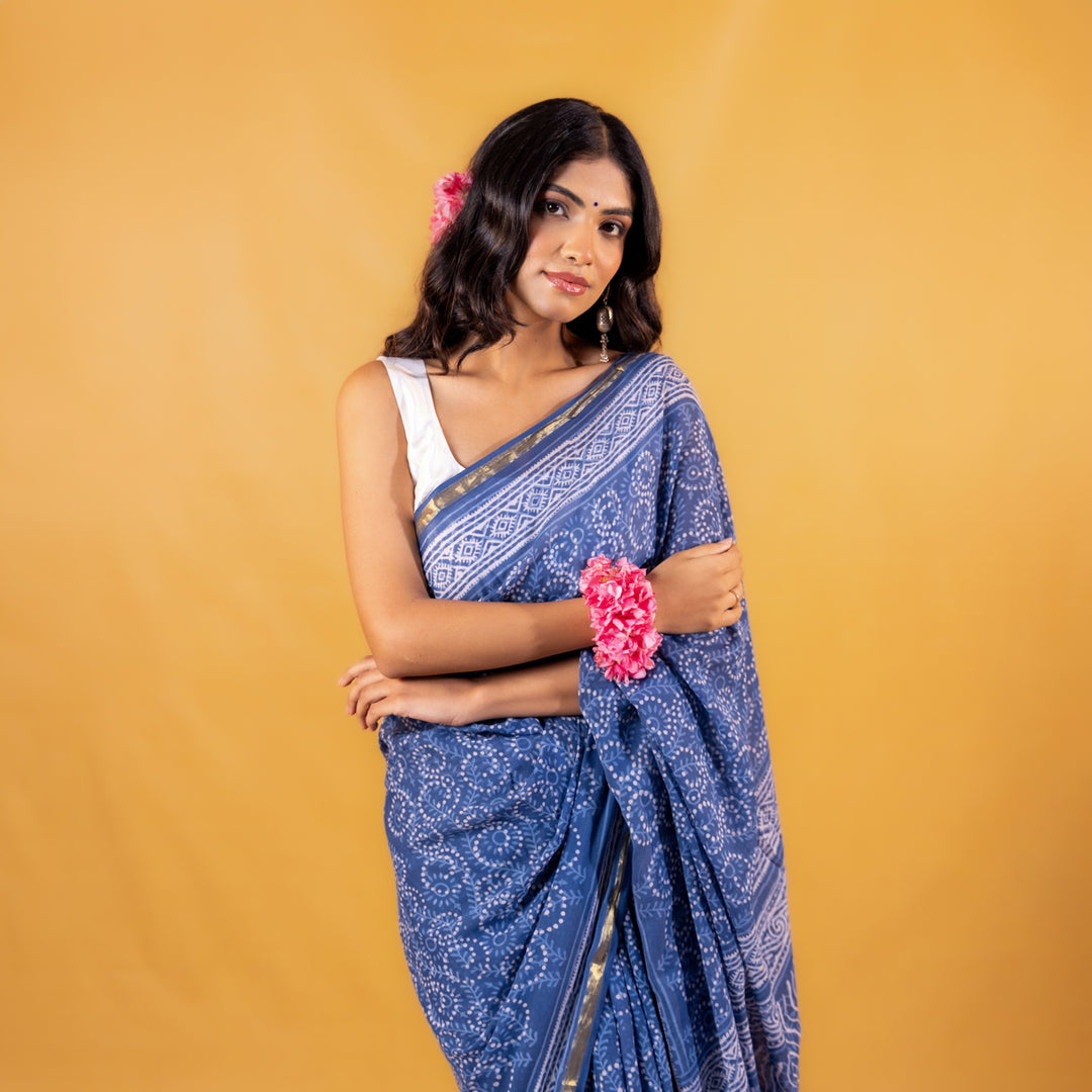 Meghali Block Printed Saree with Zari border