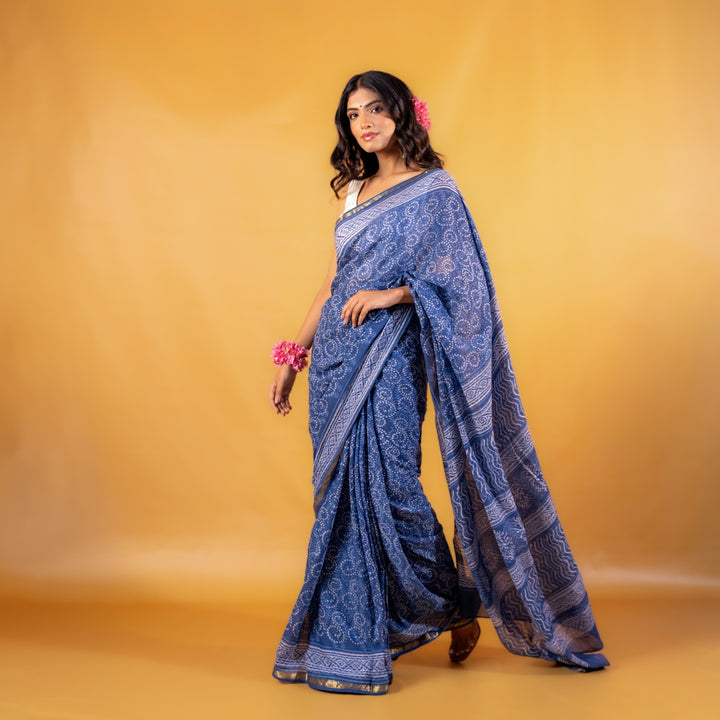 Meghali Block Printed Saree with Zari border