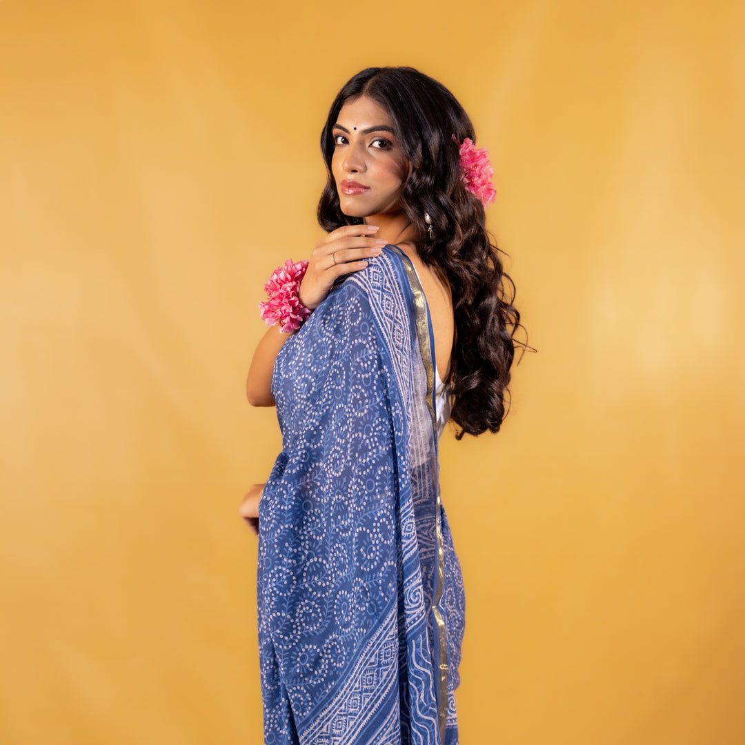 Meghali Block Printed Saree with Zari border