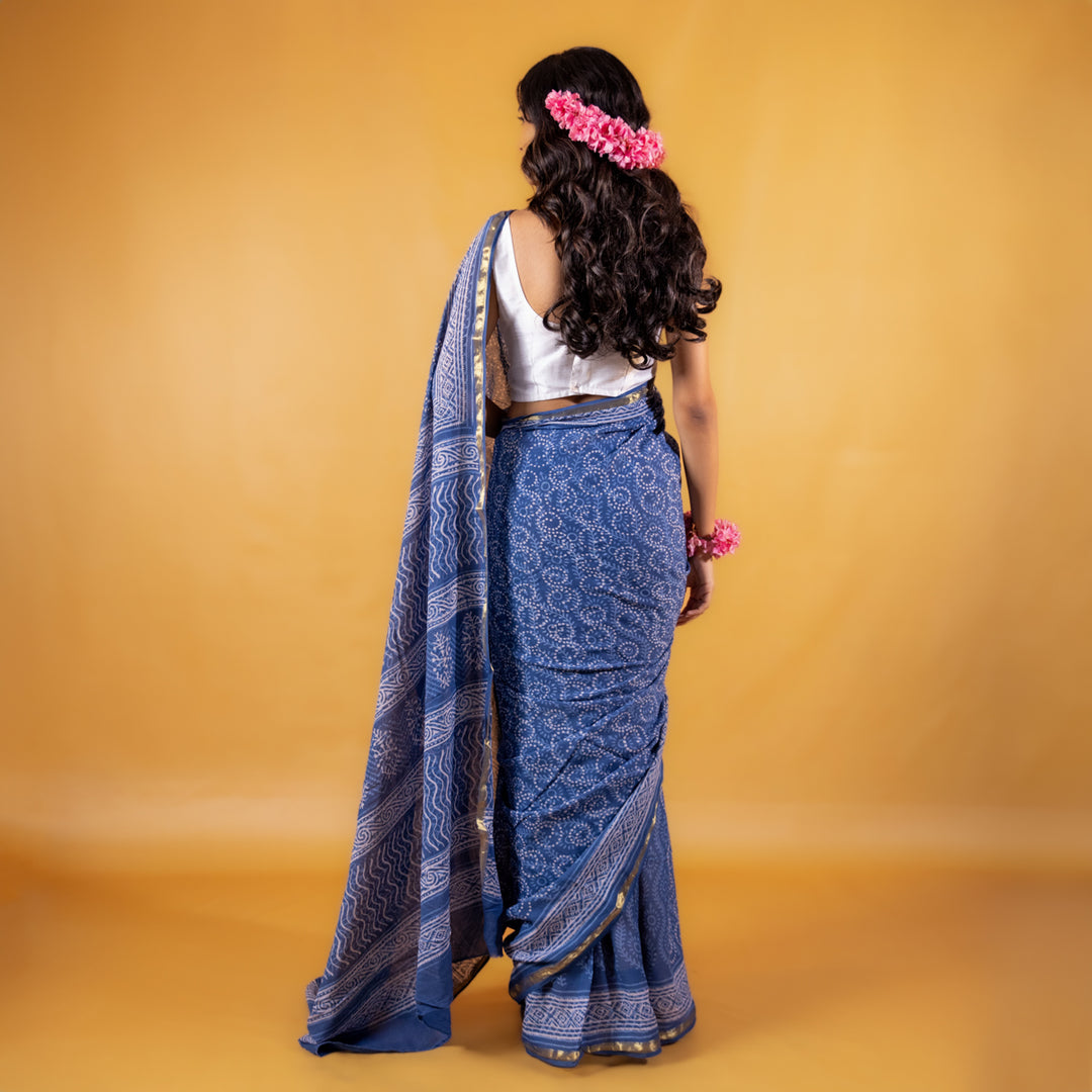 Meghali Block Printed Saree with Zari border