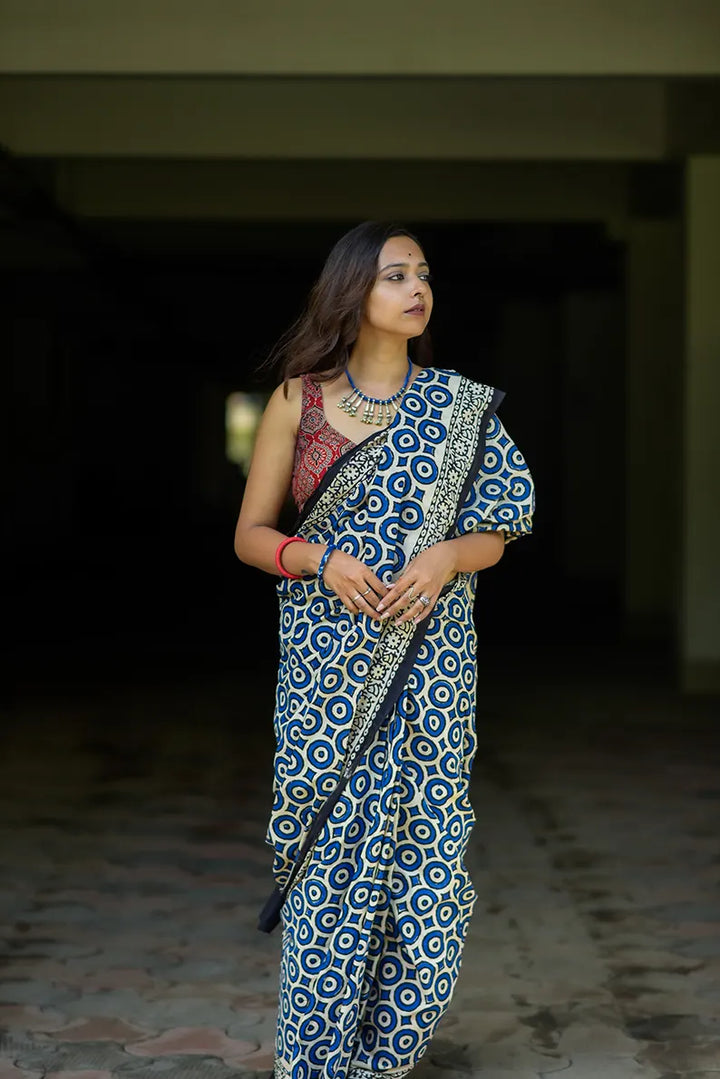 Merry Go Round - Hand Block Print Mulmul Cotton Bagru Saree