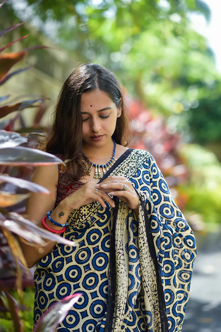 Merry Go Round - Hand Block Print Mulmul Cotton Bagru Saree