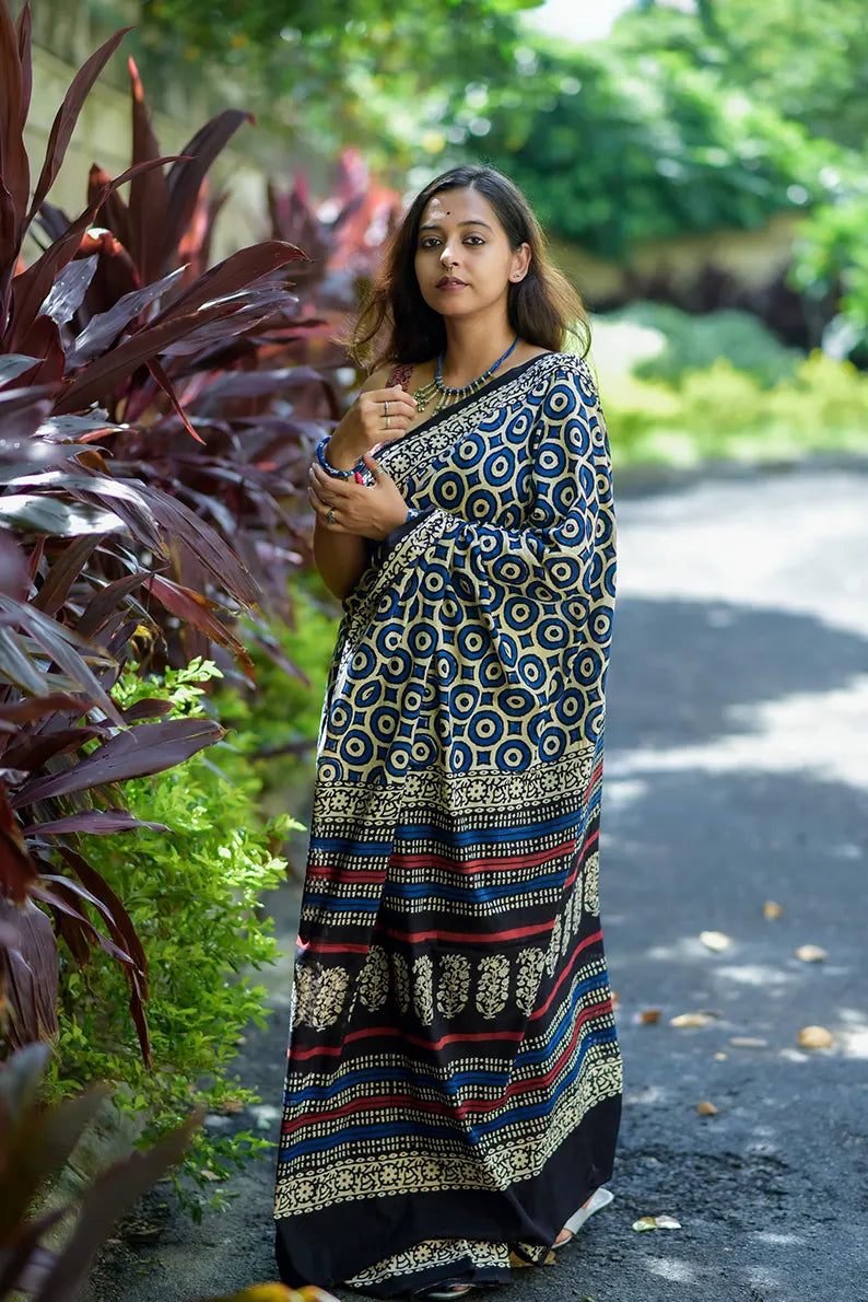 Merry Go Round - Hand Block Print Mulmul Cotton Bagru Saree