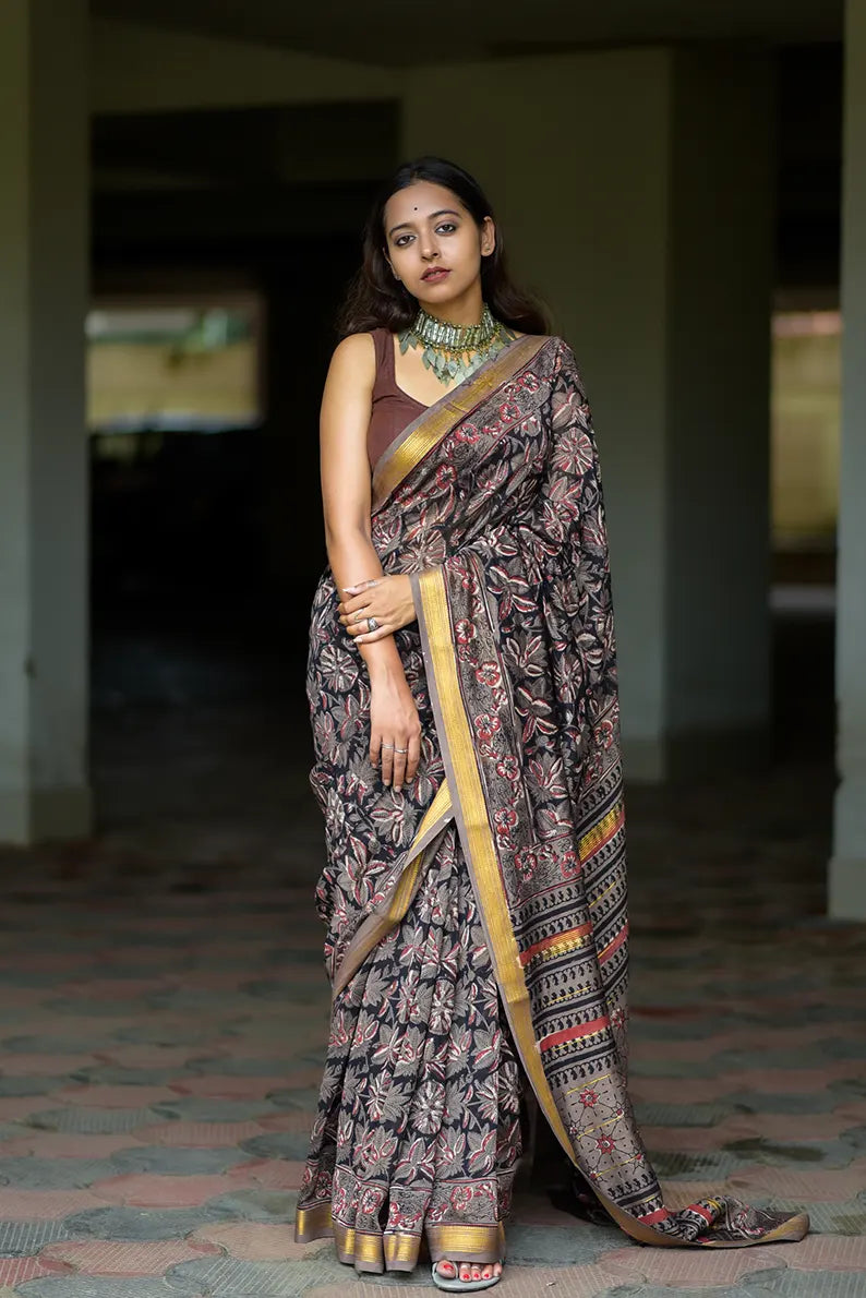 Midnight Noir - Hand Block Print Maheshwari Silk Saree