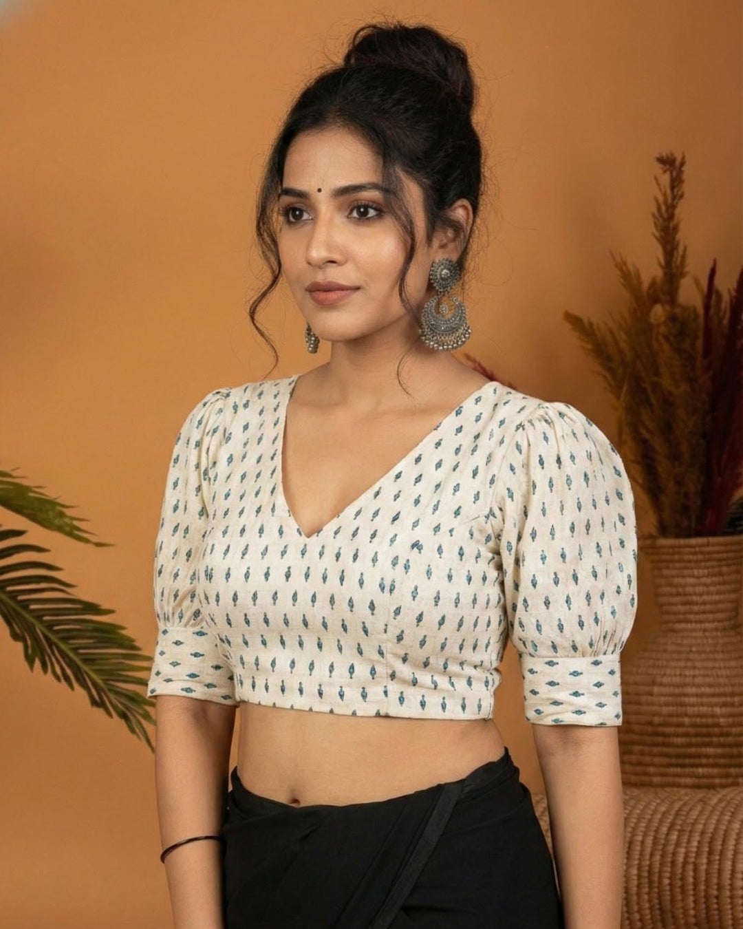 Modern Ease Off White Cotton Blouse with Gathered Sleeve