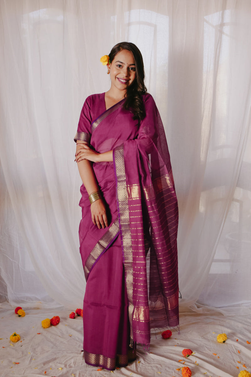 Magenta Pure Silk Cotton Maheshwari Saree