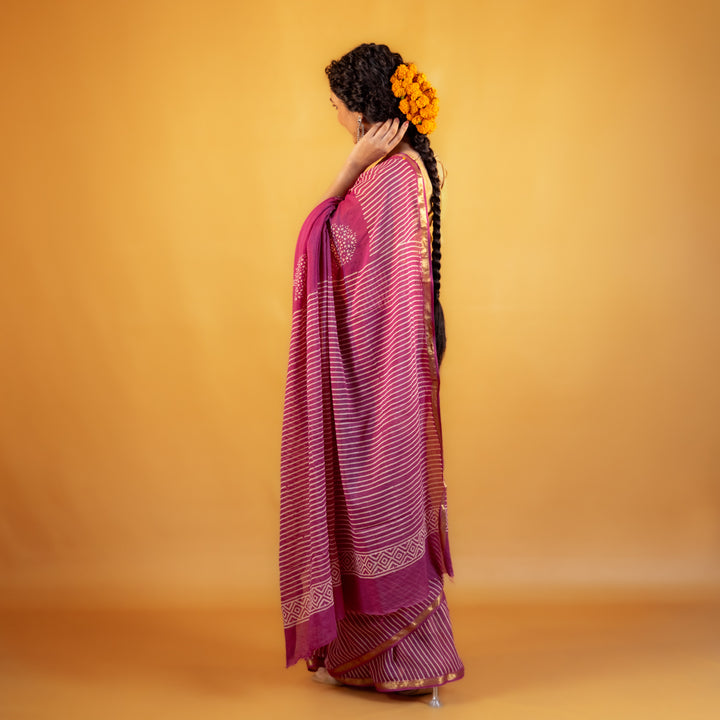 Kumudini Block Printed Saree with Zari border