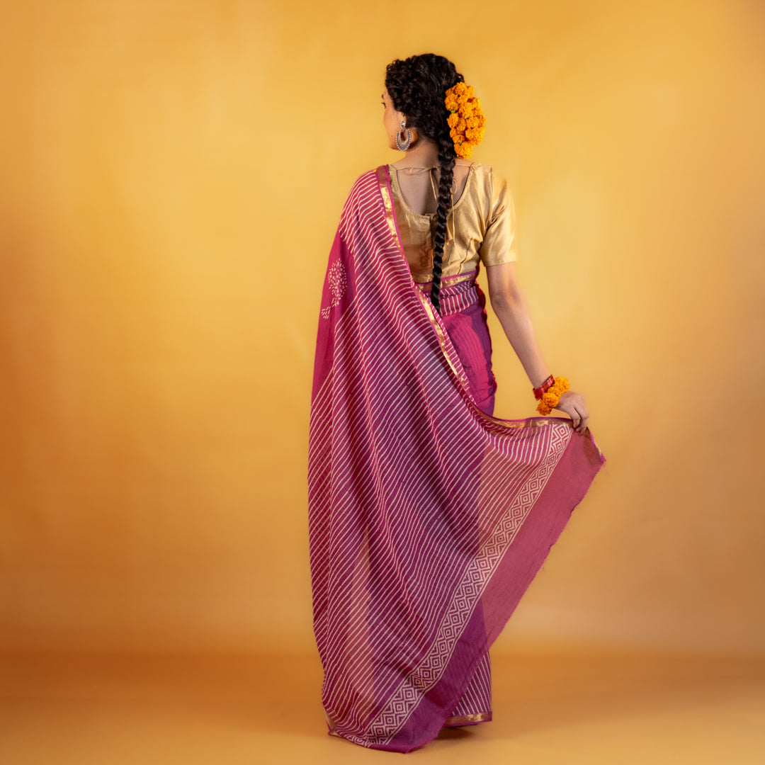 Kumudini Block Printed Saree with Zari border