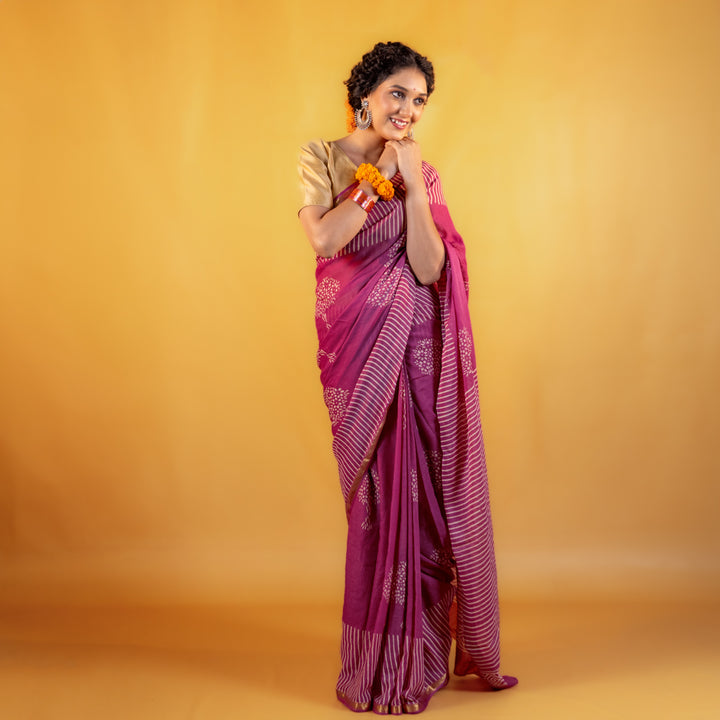 Kumudini Block Printed Saree with Zari border