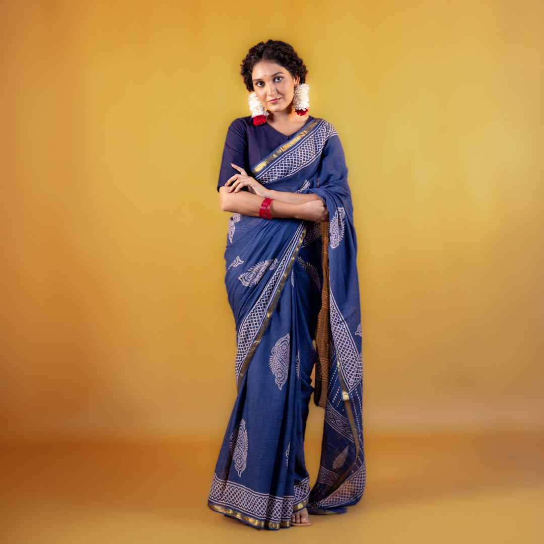 Mohana Block Printed Saree with Zari border