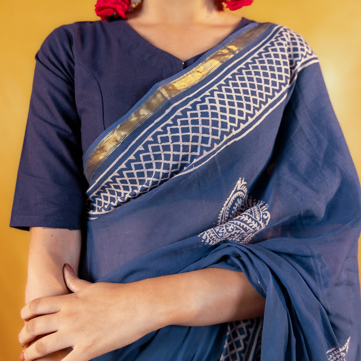 Mohana Block Printed Saree with Zari border