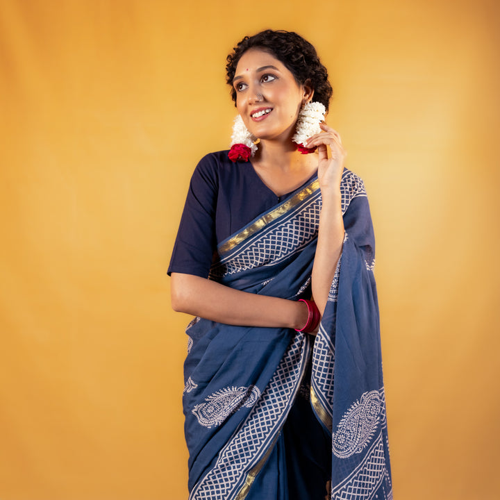 Mohana Block Printed Saree with Zari border