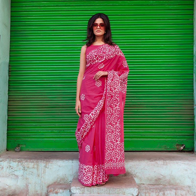 Mohini Hand Block Print Pink Mul Mul Cotton Saree