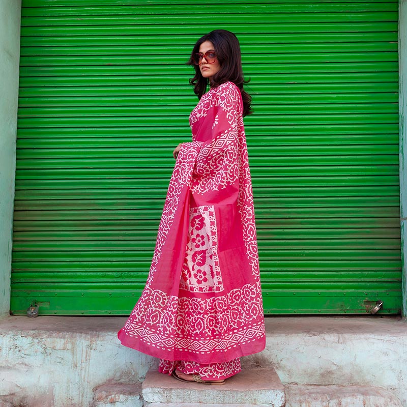 Mohini Hand Block Print Pink Mul Mul Cotton Saree