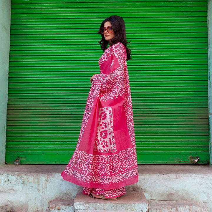 Mohini Hand Block Print Pink Mul Mul Cotton Saree