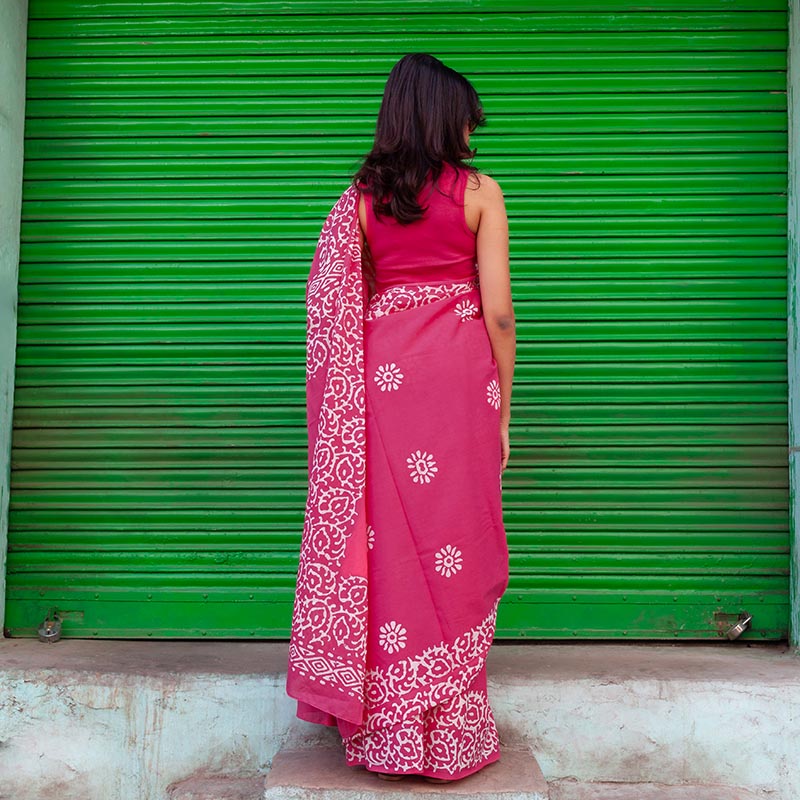 Mohini Hand Block Print Pink Mul Mul Cotton Saree