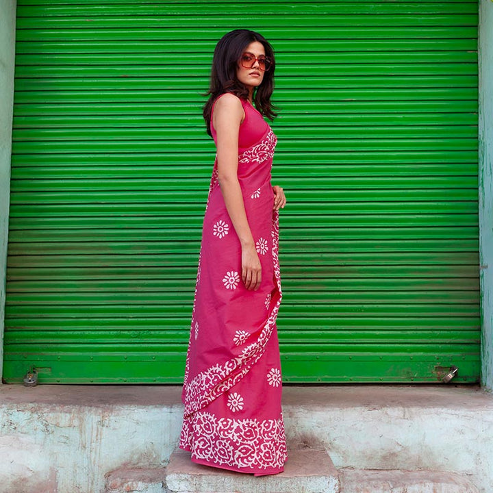 Mohini Hand Block Print Pink Mul Mul Cotton Saree